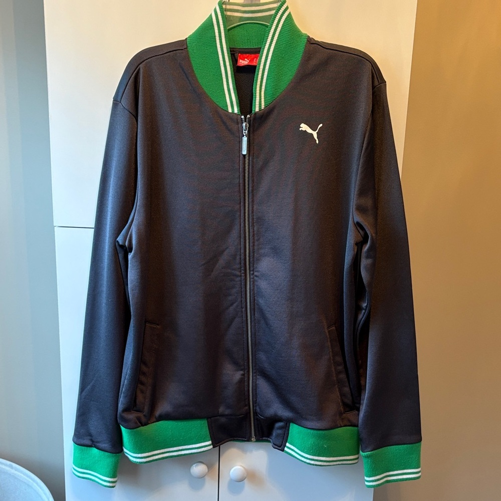 Puma Men’s Dark Grey Full Zip Track Jacket with Green Trim